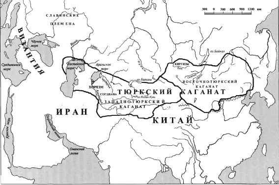 Примерные границы тюркского каганата в VI — начале VII веках