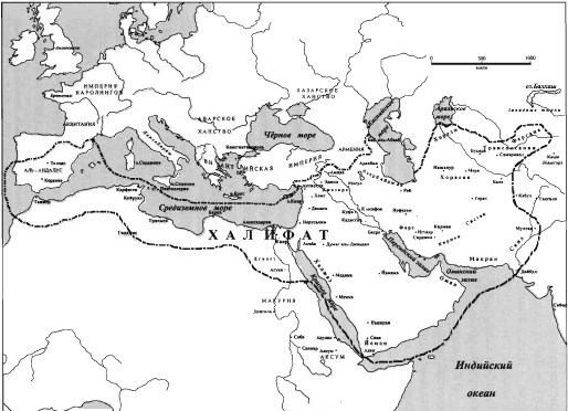 Границы распространения ислама к 750 году (халифат Омейядов)