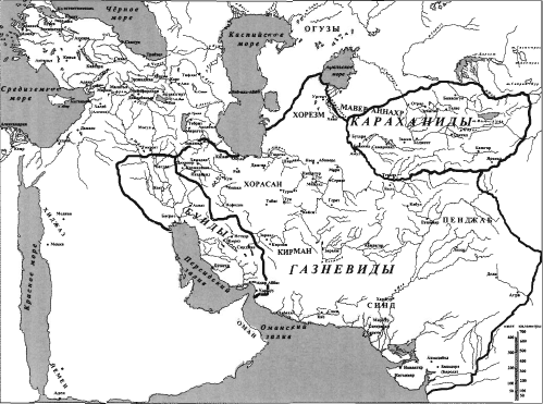 Примерные границы государств Газневидов, Караханидов, Буидов в конце X — начале XI вв.